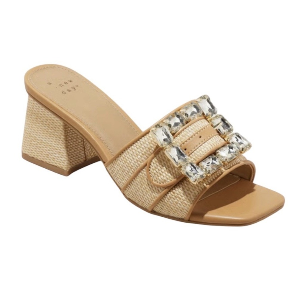 Women's Kathleen Beige Raffia Buckle Slip On Block Heels - A New Day Size 11 New
